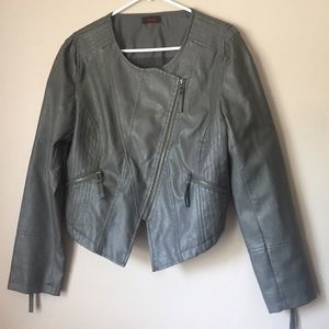 Grey Pleather, Chiffon-Back, Cross-Zip Jacket